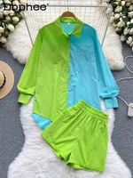 2022 new summer fashion women clothes turn down collar full sleeves contrast color shirt and shorts set