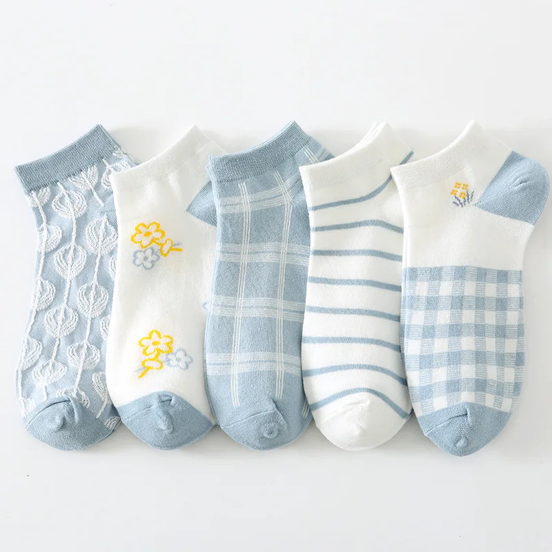 

Милые женские носки в японском стиле Харадзюку, хлопковые носки в синюю клетку с цветами, забавные дышащие женские носки до щиколотки на вес...