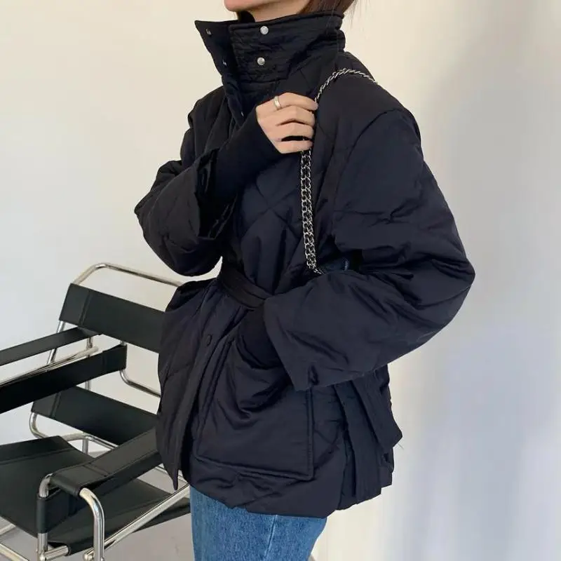 GUUZYUVIZ Winter Parkas For Women Casual Turtlenck Pocket Bandage Coat Women 2022 New Solid Diamond Thicken Warm Jacket Outwear