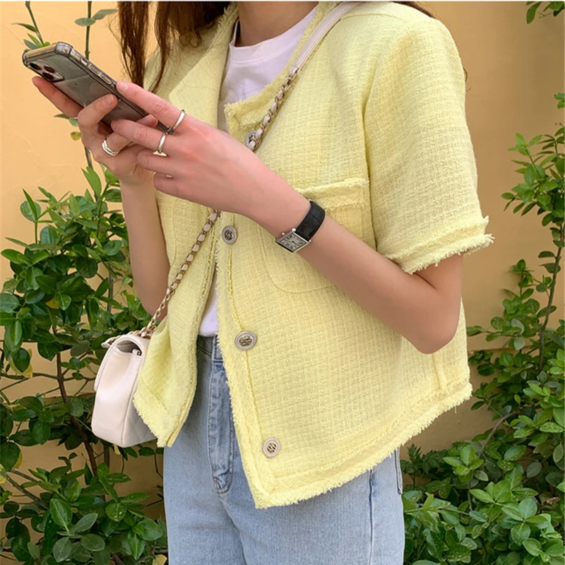 Шерстяные твидовые куртки винтажные шикарные кардиганы с коротким рукавом