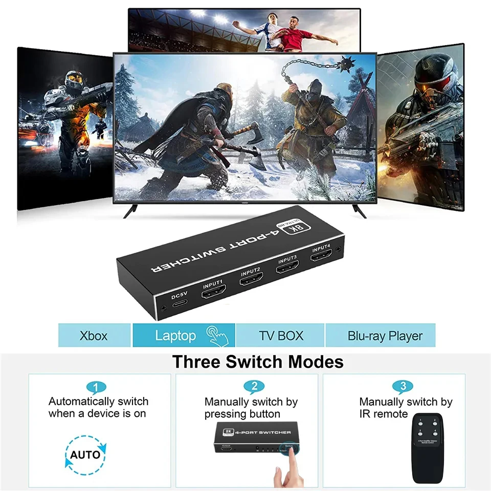 Фото Переключатель 4 в 1 HDMI 2,1, 8K @ 60 Гц, 4x1, переключатель 4 в 1, дистанционный переключатель 4 в 1, 4K @ 120 Гц HDR10 + для переключателя на ноутбук, ПК, PS5, XBOX, Apple TV №3