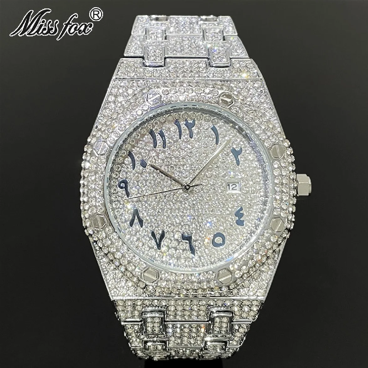 

Часы наручные MISSFOX Мужские кварцевые, роскошные модные брендовые полностью стальные водонепроницаемые в стиле хип-хоп, со стразами