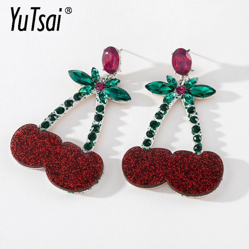 

YUTSAI Fashion Super Flash Fruit Cherry Acrylic Alloy Drop Earrings Cute Creative Earring for Women Jewelry Gifts YT969