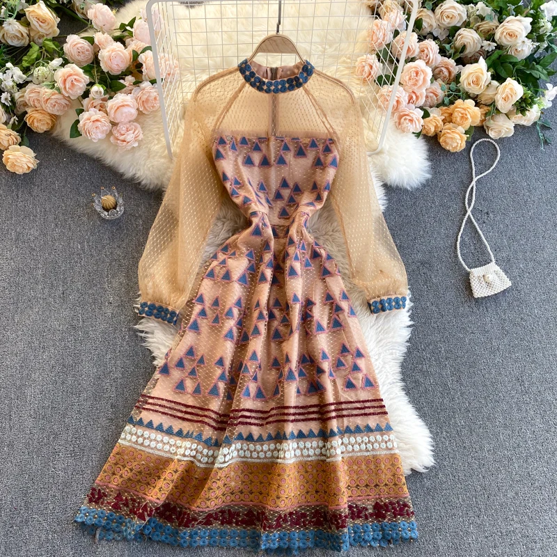 

Винтажное Сетчатое платье с вышивкой F для девочек, женские элегантные вечерние Макси-платья с длинным рукавом, женское платье хаки, вечерне...