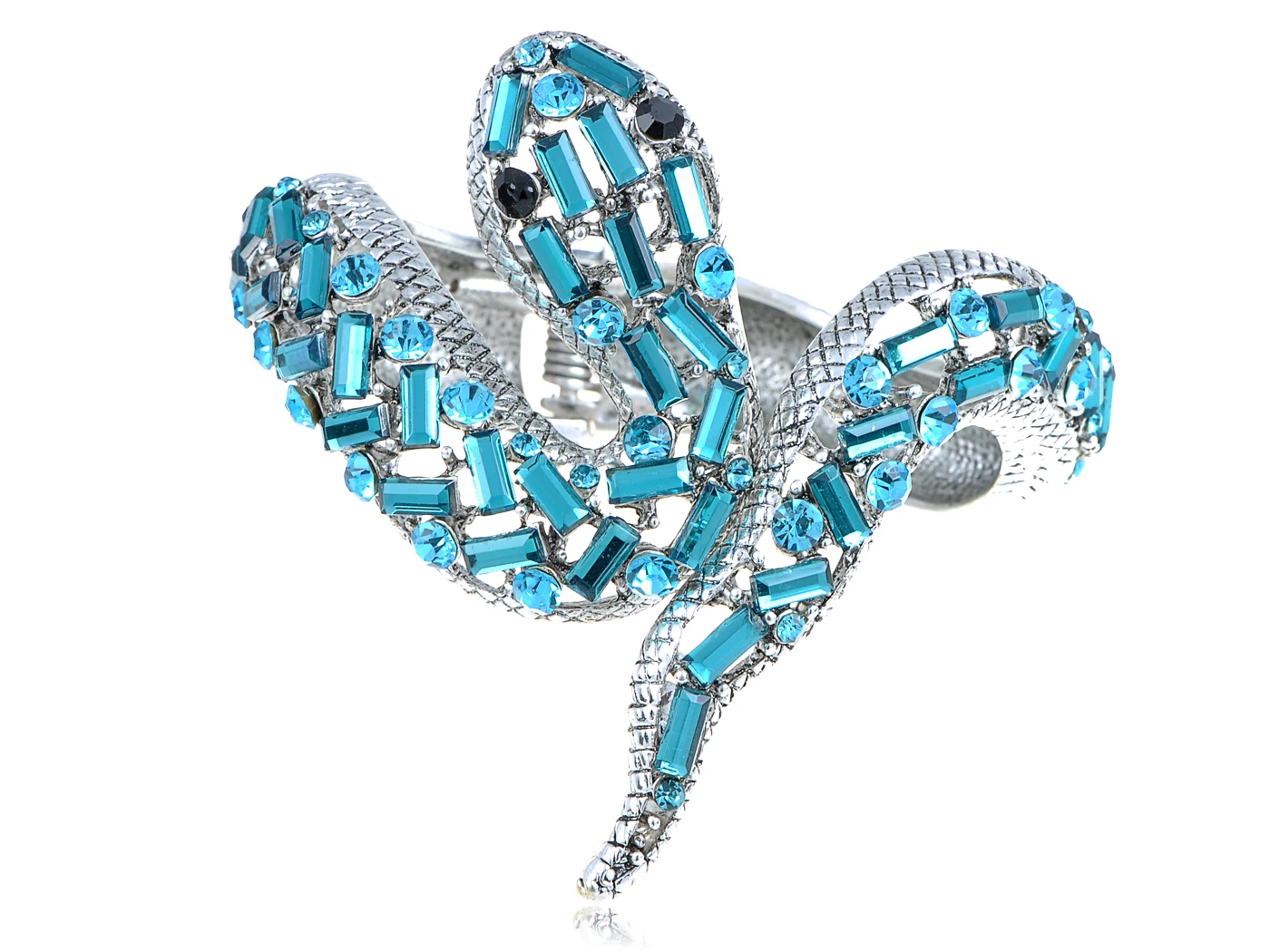 

Synthetic Aquamarine Blue Zircon Rhinestone Cobra Snake Silvery Tone Fashion Cuff Bracelet