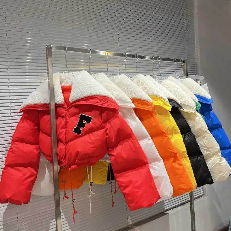 2022 Winter Long Sleeve Lambswool Sailor Collar Short Cotton Coat Women Drawstring Jacket Woman Parkas Warm Up Fur Orange Blue