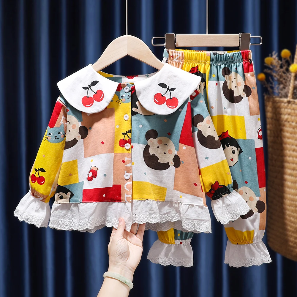 

Spring Autumn Children's Cotton Pajamas Set Girls Clothing Suit 2PCS Cartoon Cute Tops+Pants Baby Kids Casual Homewear Suit