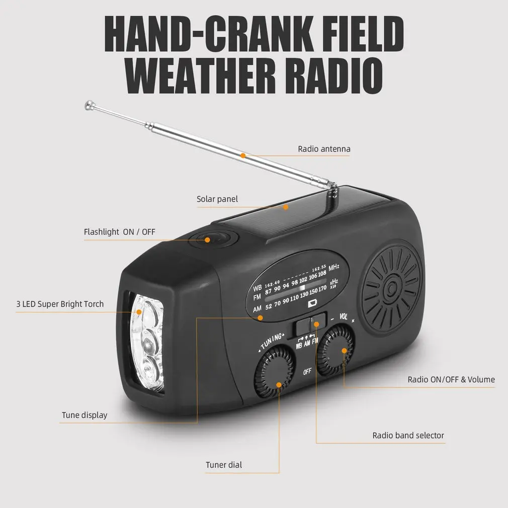 

New Rechargeable Mini Emergency Lighting Radio with Reading Light , 1000mAh Portable Waterproof Hand-cranked Field Weather Solar