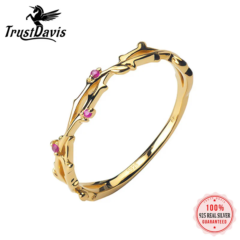TrustDavis Real 925 Sterling Silver Fashion Golden Branches Pink CZ Opening Finger Ring For Women Valentine's Day Jewelry DD722