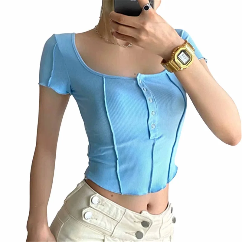 

Summer Casual Square Collar Sexy Hedging Short Sleeve Single-breasted Stitching Ribbed Knitted Back Fashion Slim Women's Tshirt