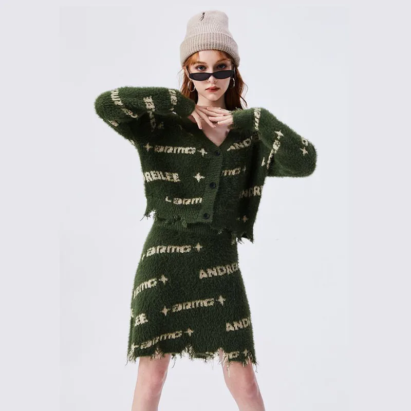 

Cool Girl Streetwear Fashion Hip Hop Sweater Sets Women Short Cardigan Mini Skirt Broken Edge Letter Slim Fit Sweater Coat Skirt