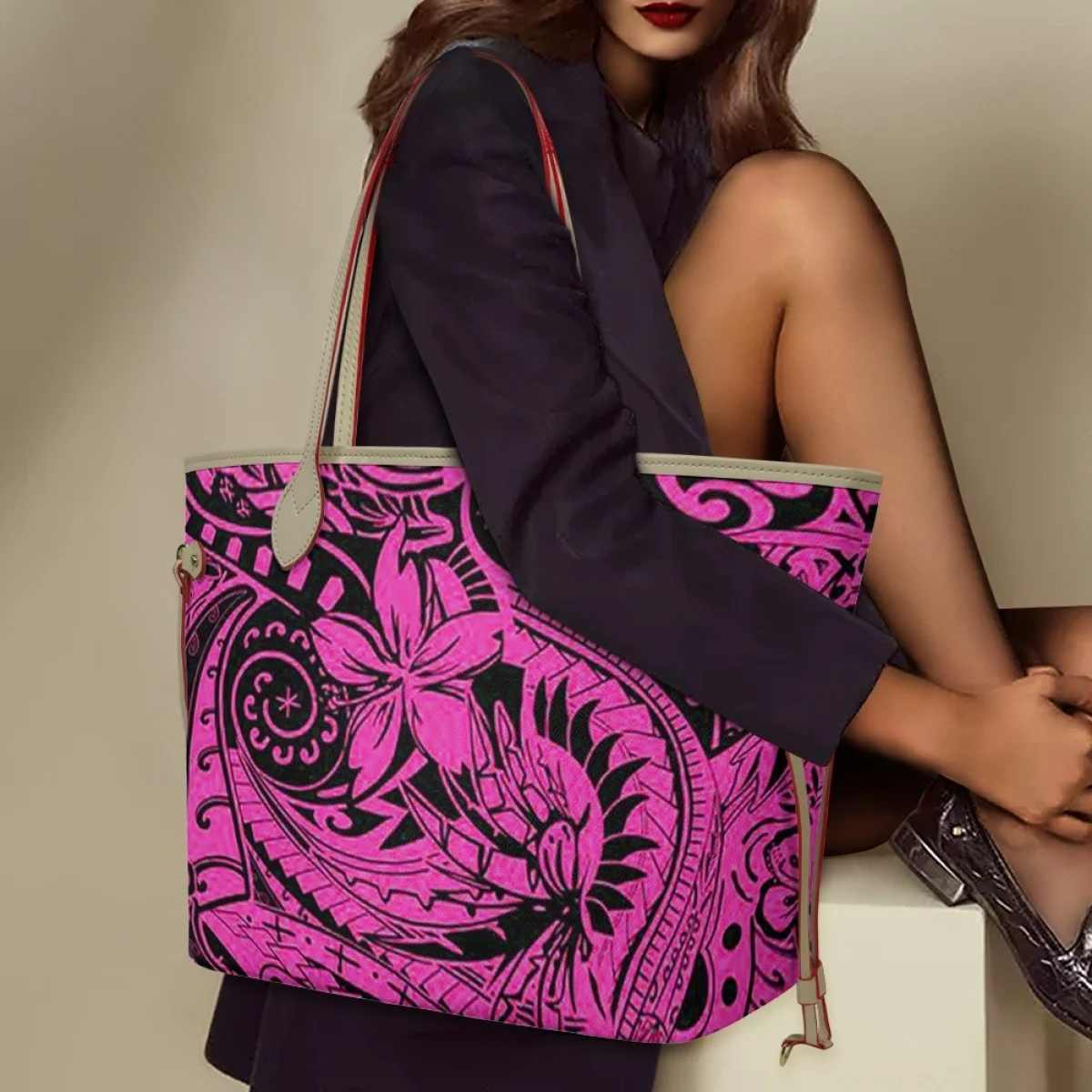 

2023 Tribal Plumeria Printed Ladies Big Pocket Outdoor Casual Large Space Tote Street Multi Functional Shopping Shoulder Handbag