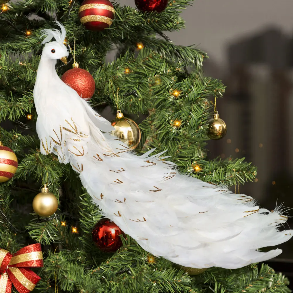 

Искусственный белый павлин, рождественские украшения, фигурка птицы с длинным хвостом, настоящие натуральные перья, украшение для вечеринки и дома, подарок