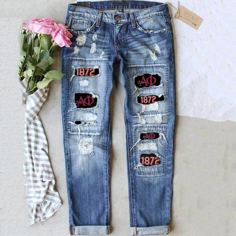 

Alpha Phi Fashion Retro Ripped Print Jeans