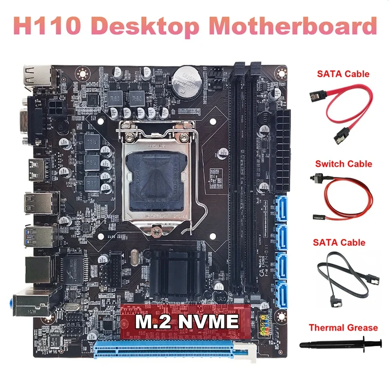 

H110 Motherboard+2XSATA Cable+Switch Cable+Thermal Grease LGA1151 M.2 NVME Support 2XDDR4 For Intel 6/7/8Th 14Nm