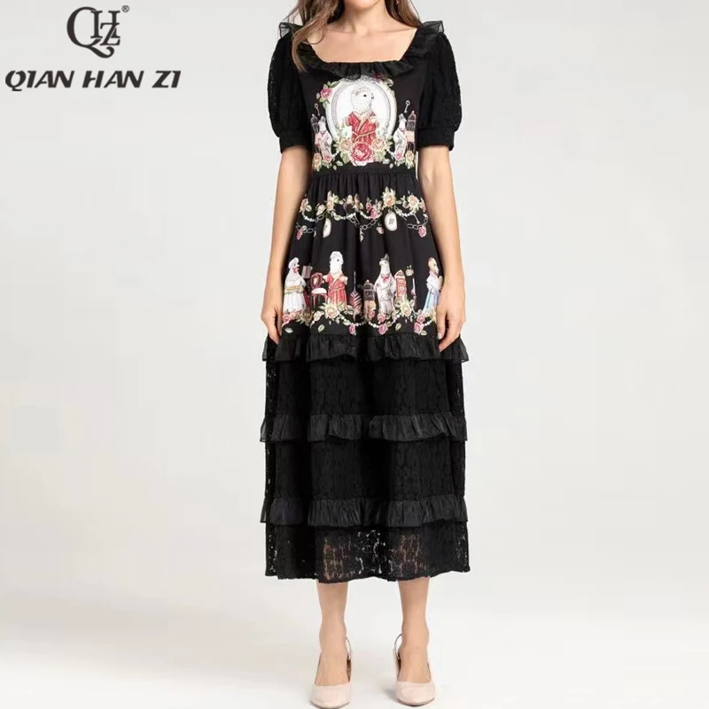 

Qian Han Zi Summer Designer Fashion Runway Dress Long for women short sleeve vintage print splicing lace ruffled slim dress