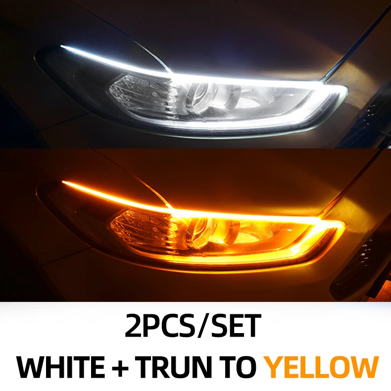 2 шт. LED ДХО Гибкие водонепроницаемые полосы автомобильного света для дневного времени работы Фары автомобиля Белый сигнал поворота Желтый тормозной поток света 12В вкл.