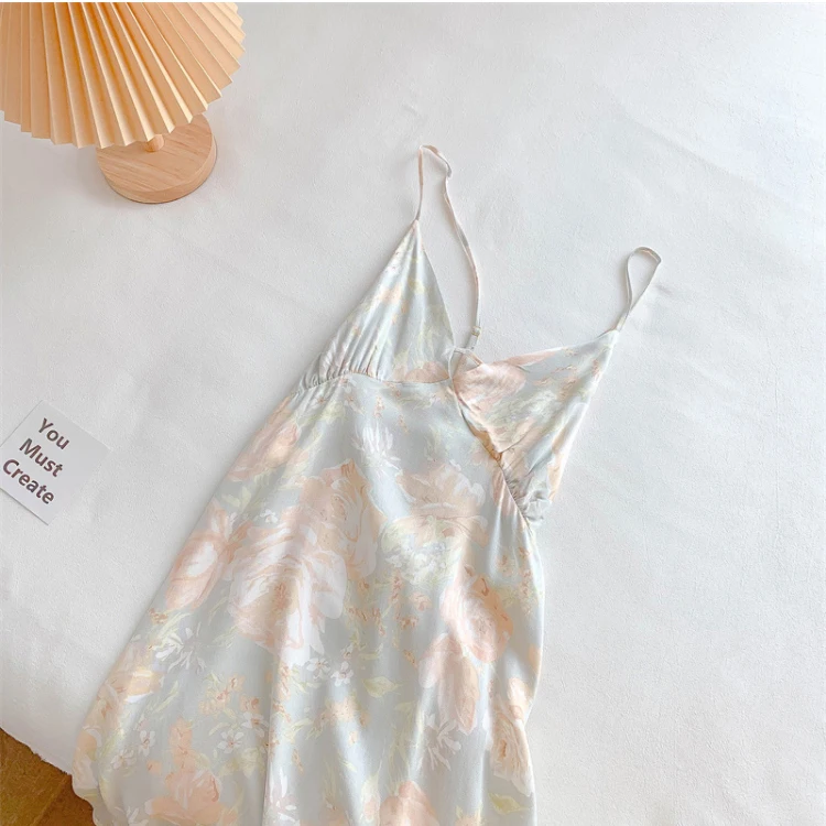 CAIYIER 2022 Sexy Flower Women Nightdress Summer Sling Cross Backless Sleepshirts V-Neck Girl Dresses Feamle Lingerie Nightgowns