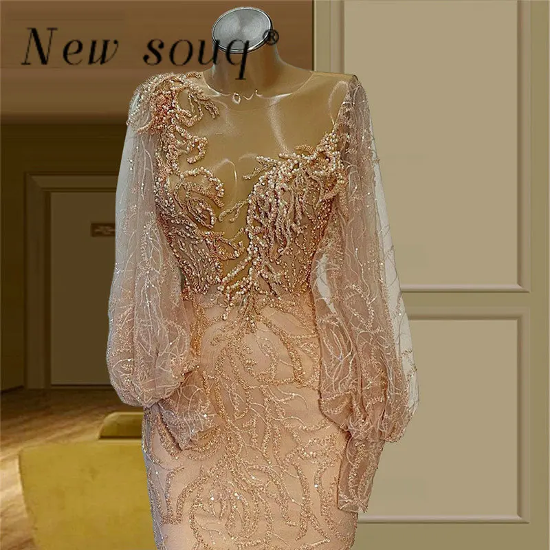 

Arabic Blush Pink Long Mermaid Evening Dresses Sparkly Beaded Wedding Party Dress Formal Muslim Long Sleeves Mermaid Prom Gowns