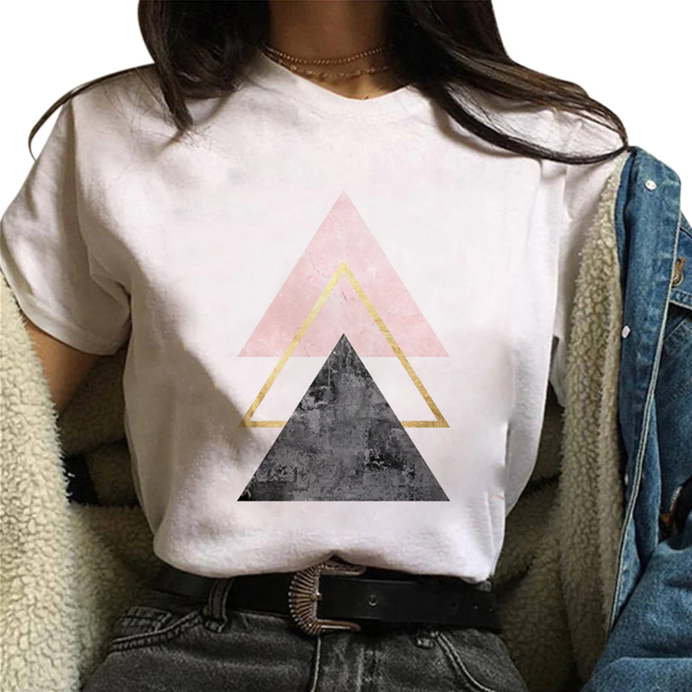 

E25 Piękny Nadruk w Geometryczne Wzory Graficzny T-shirt Topy Tee Śliczne Damskie Koszulki z Krótkim Rękawem