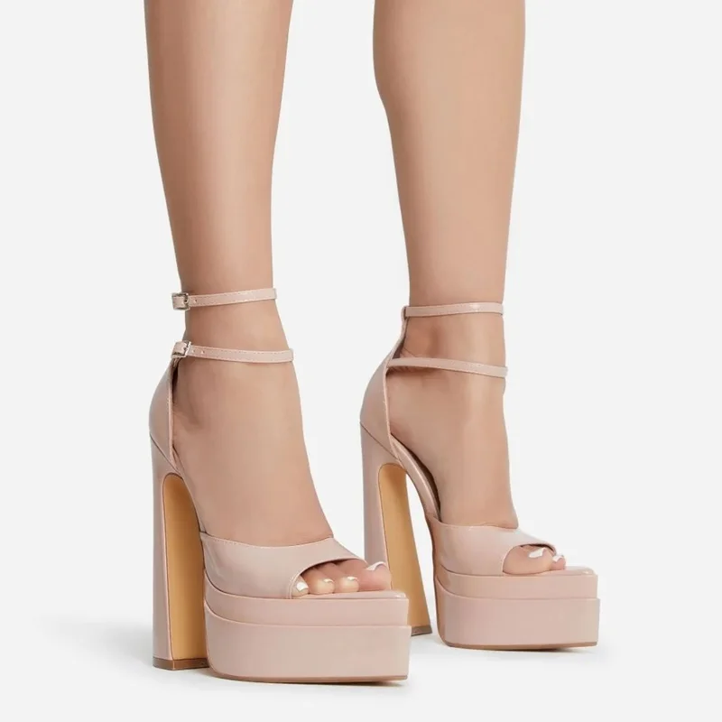 

patent leather sandals women's platform summer thick high heel brand sandals peep toe sexy ladies party wedding shoes nude pumps