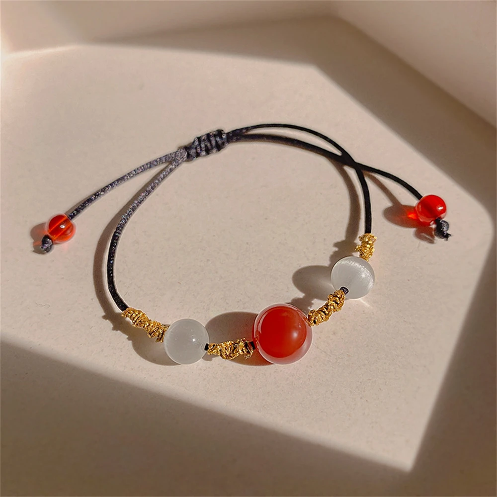 

Vintage Red Natural Beads Bracelet For Women Gold Color Rope Braided Couples Bracelets Miss You Lucky Jewelry Friendship Gifts