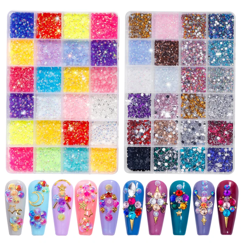 

24 Grid Colorful Diamond Gems Crystal Glass Rhinestones Nail Supplie 3D Glitter Luxury Resin Nail Art Decoration Accessories