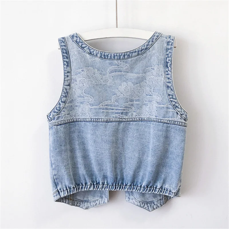 

Fashion Korean Jacquard V Neck Denim Women Waistcoat Wash Blue Cowboy Sleeveless Jacket Coat Slim Short Jeans Vest Female
