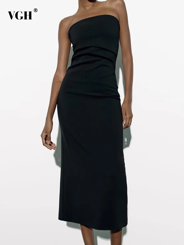 

VGH Slimming Soild Dresses For Women Slash Neck Sleeveless Off Soulder Backless High Wasit Split Strapless Long Dress Female New