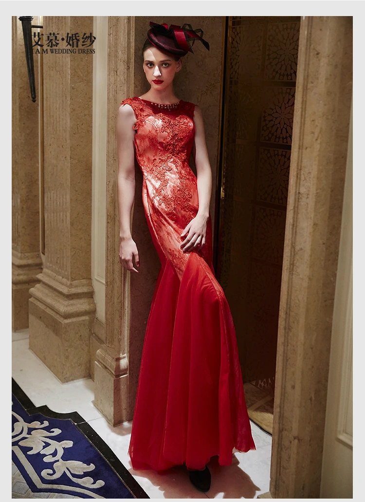 

o-neck robe de soiree vestido de festa long Prom dresses red lace mermaid Evening Dress Formal gown 2016 new appliques crystal