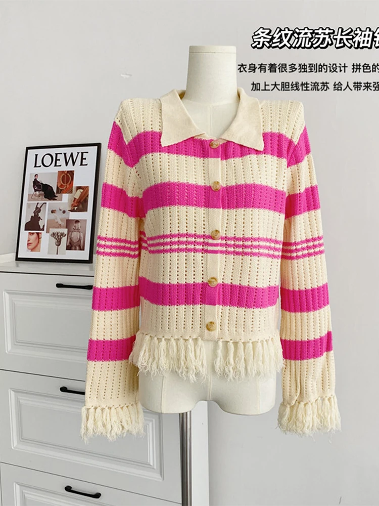 

Autumn Winter Women Vintage Striped Hollow Out Mesh Knitwear Jumper Turn-down Collar Tassel Long Sleeve Knitted Pullover Sweater