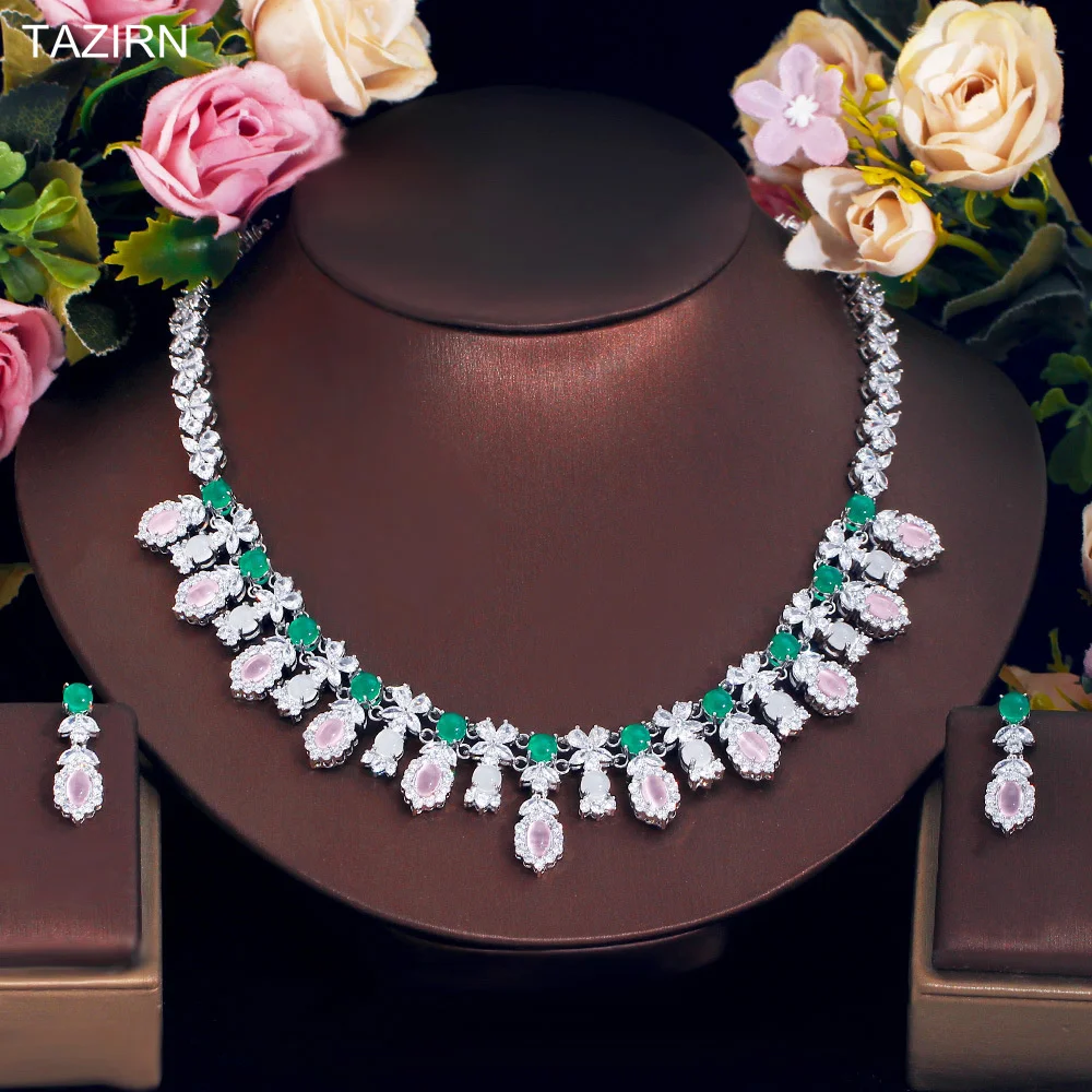 

TAZIRN New Zirconia Paved Bridal Wedding Jewelry Set Handcrafted Necklace Earrings Dubai Nigeria CZ Crystal Choker Set for Women