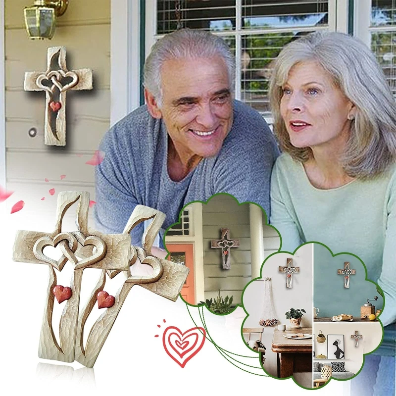 

Carved Wooden Cross Valentine's Day Wooden Love Heart Cross Intertwined Hearts