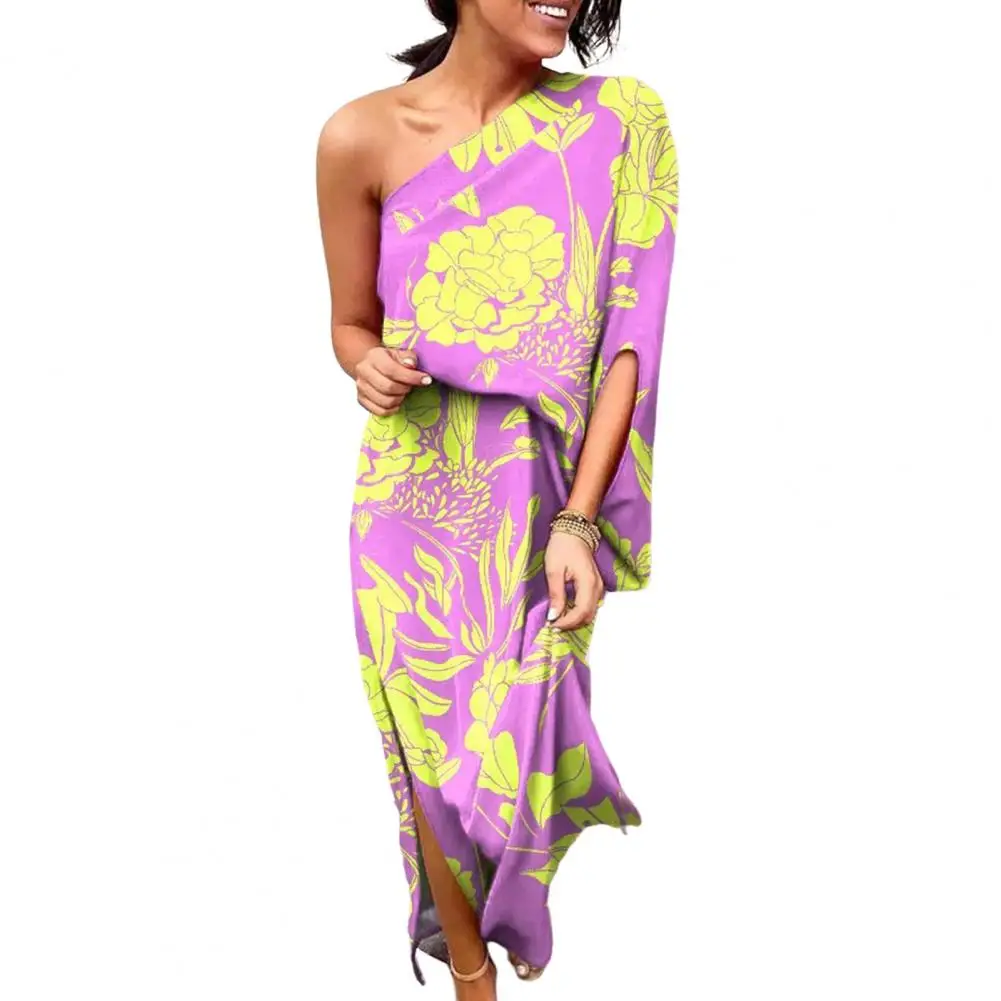 

Summer Vacation Elegant Women One Shoulder Split Hem Plants Print Maxi Dress Femme Casual Long Sleeve Dress Party Vestidos