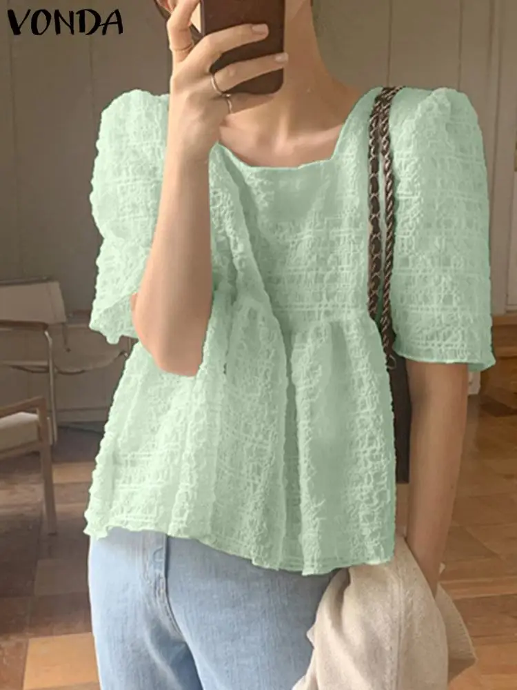 

Модные топы, женские пикантные однотонные рубашки для вечерние 2022 VONDA, пикантные праздвечерние чные Топы с коротким рукавом, элегантная офи...