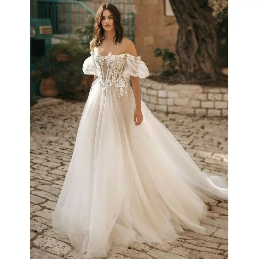 

Off Shoulder Princess Wedding Dress A-Line Puff Sleeves Formal Evening Party Gown Brilliant Lace Tulle Vestido De Noiva 2023