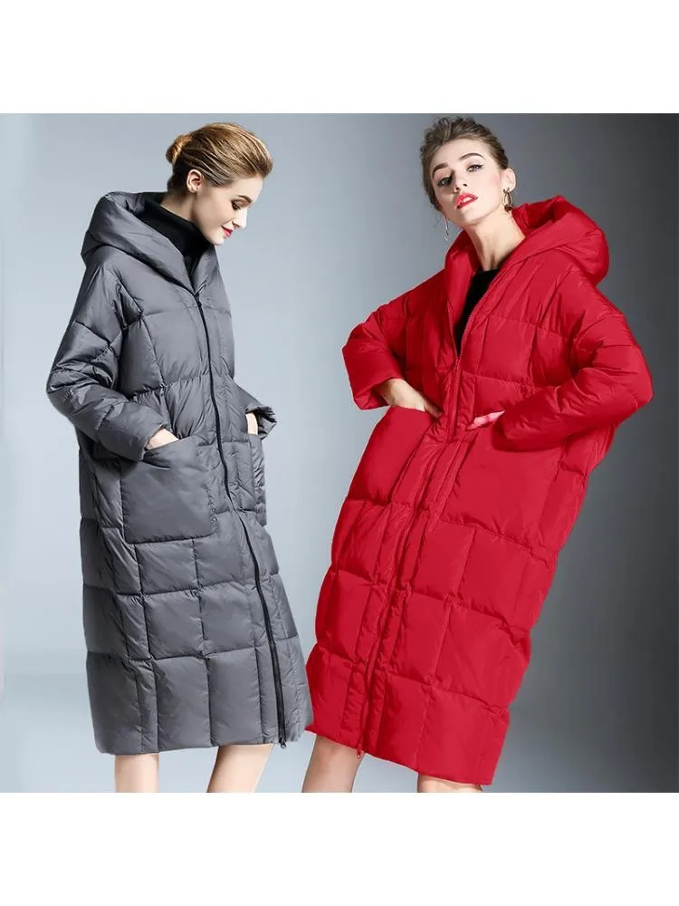 European Station High-Grade Long 90 White Duck Down Coats Women's 2022 Winter Hooded Loose Padded Warmer Bread Cloth Jackets