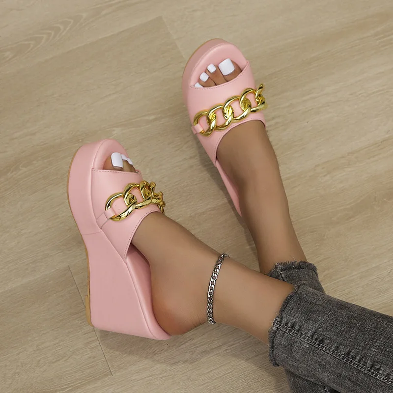 Shoes woman summer 2023 wedge heel heeled slippers chain thick sole platform shoes sandals heels for women