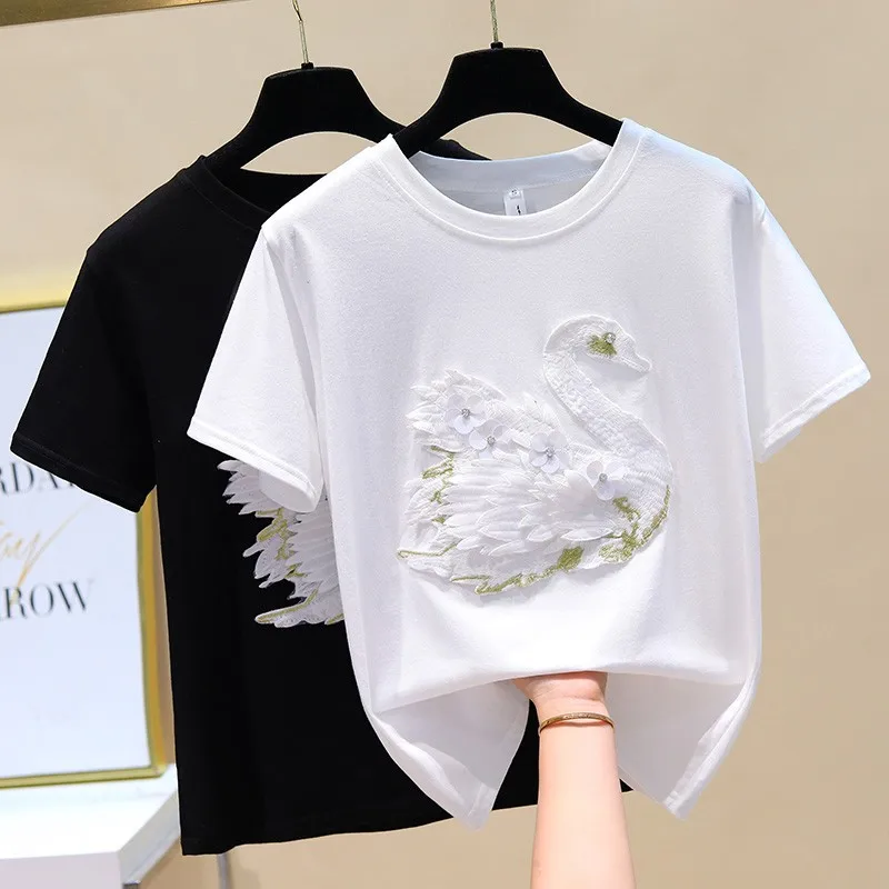 

Cotton T Shirt Women 2022 Summer Ladies Tops T Shirts Casual Short Sleeve Diamond Tees Korean Clothing Camiseta Mujer