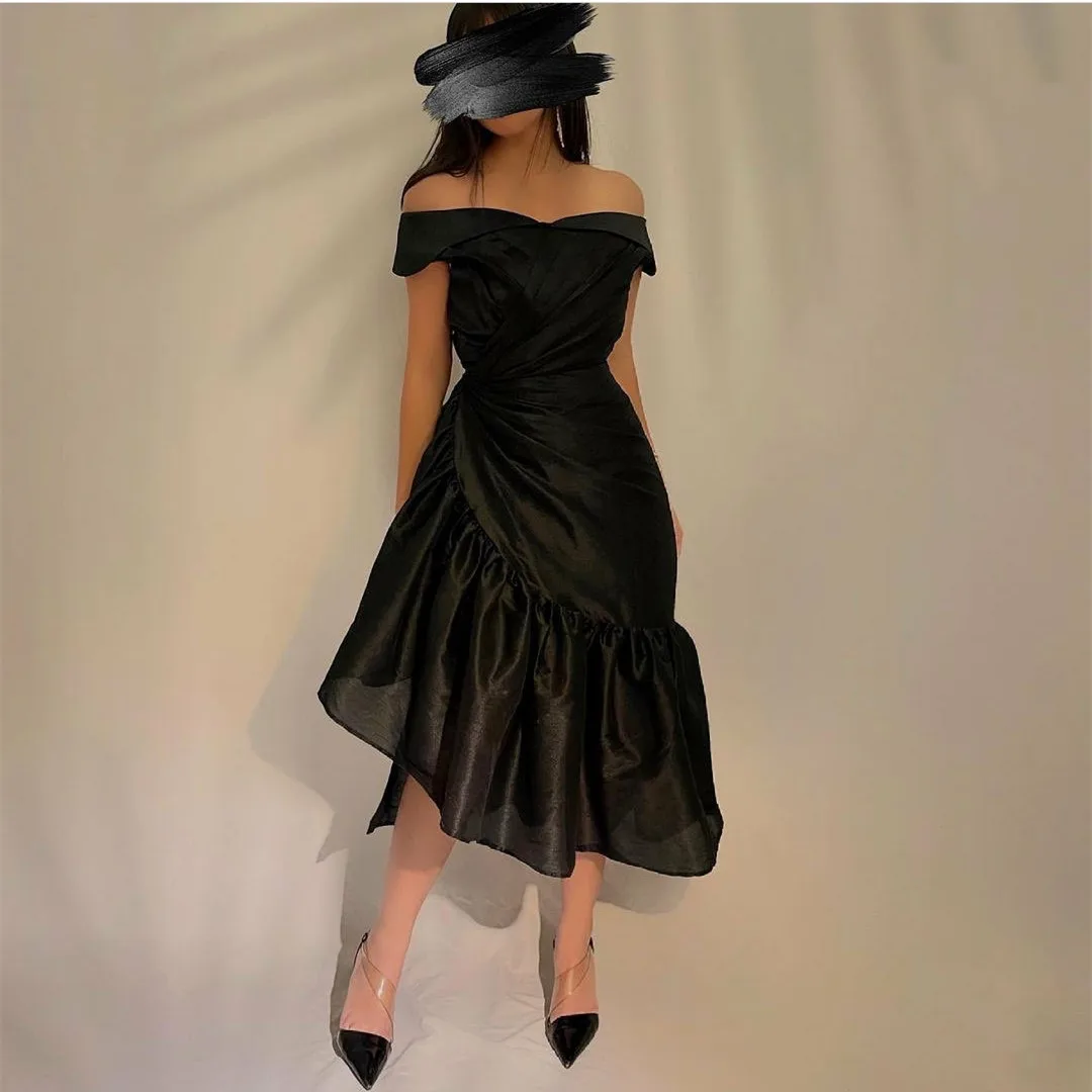 

Vintage Off the Shoulder Cocktail Party Dress for Women Wedding High Low فساتين مناسبة رسمية A-Line Black Satin Prom Dresses