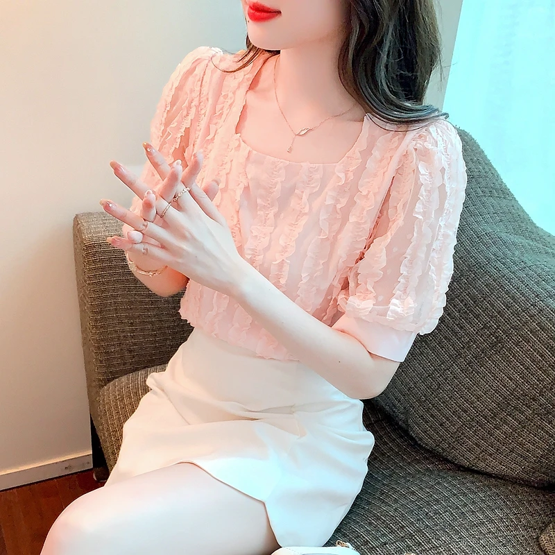 

Chiffon Women's Blouse Slim Fit Lace Shirt Summer Elegant Short Puff Sleeve Top Fashion Female 2022 New Casual Clothing