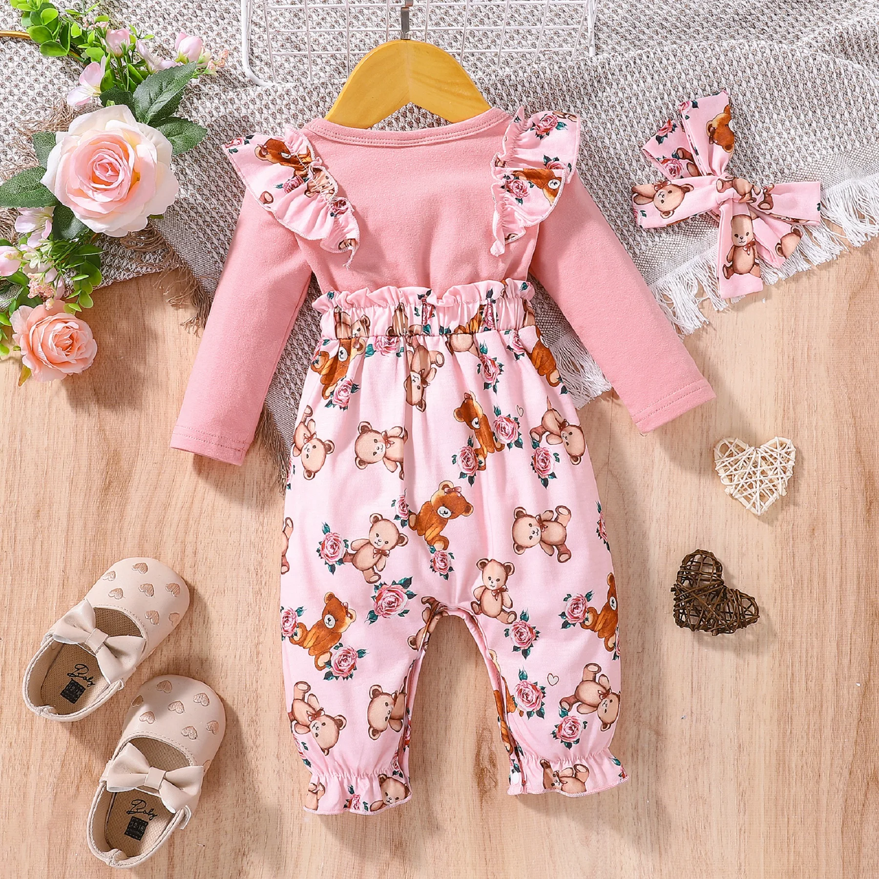 PatPat 2pcs Baby Girl Clothes For Newborn Baby Jumpsuit Long-sleeve Cartoon Bear Print Pink Bow Ruffle Headband Set Cute Romper