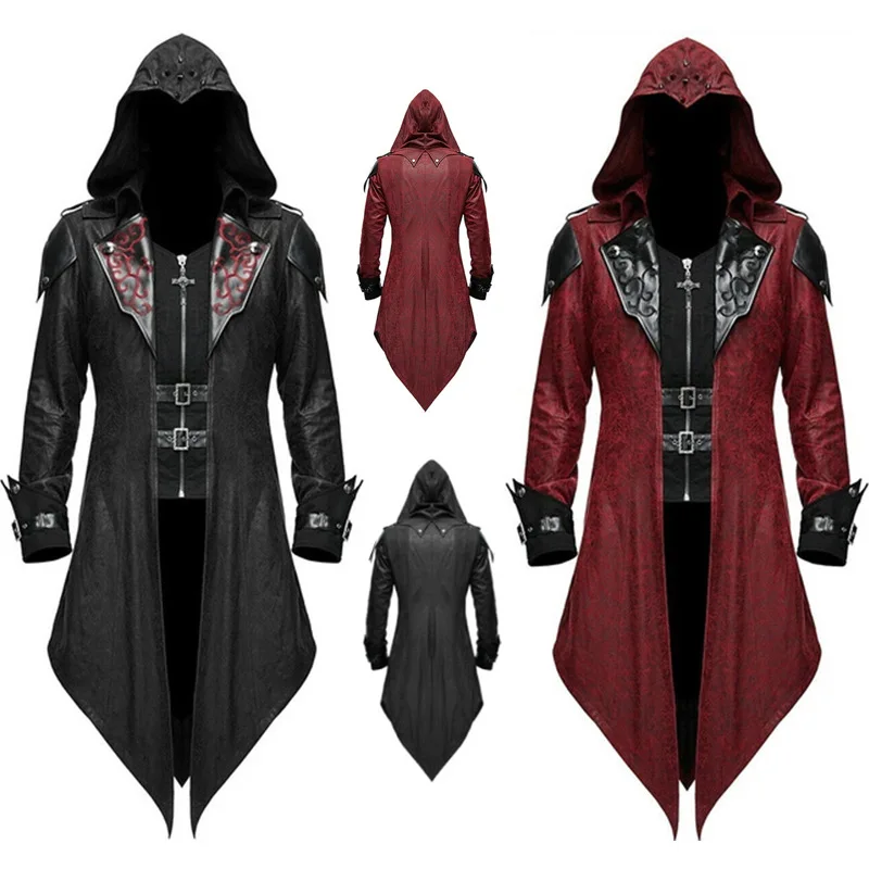 

Donsignet Men Jackets S-5XL Men Fashion Gothic Hooded Jacket Steampunk Long Clothes Knight Assassin Cosplay Costumes
