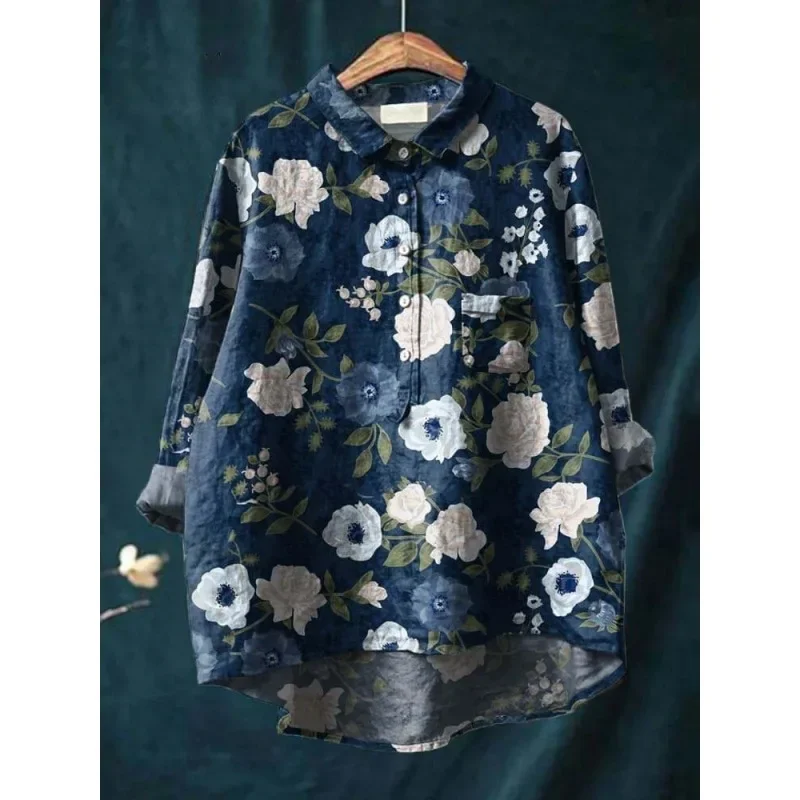 Женская льняная блузка с воротником-стойкой и длинным рукавом