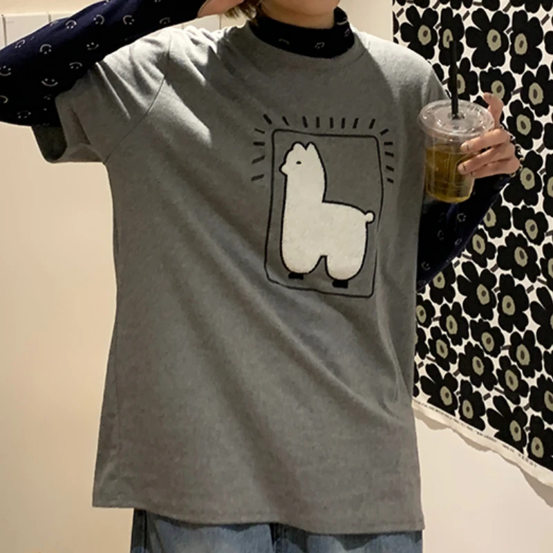 

Women Casual Round Neck Loose Summer Tops 2021 New Cute Cartoon Print Short Sleeve T-shirts Female Korean Streetwear Tshirts Pop