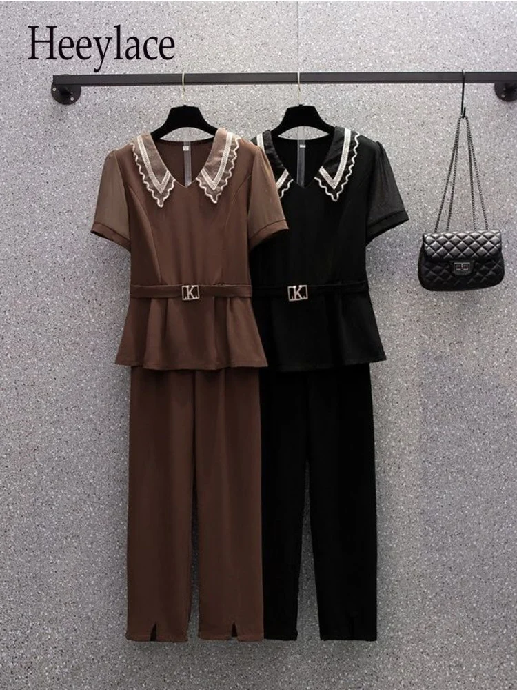

Summer 2 Piece Sets Women Outfit For Women Office Lady Turn-down Collar Short Sleeve Tops And Pants Two Piece Set Women Clothing