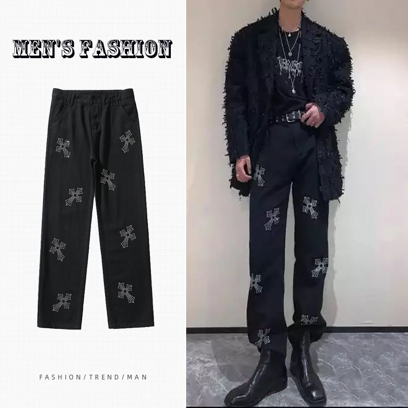 

High street men’s black jeans cross-print straight loose wide-leg trousers hip-hop fashion street men clothing джинсы для мужчин