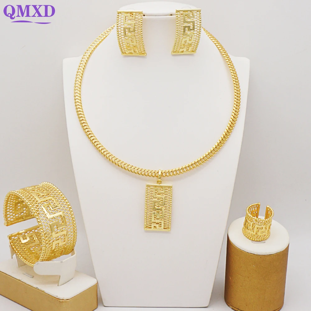 

Luxury Dubai African Gold Color Jewelry Set Necklace Earrings Bracelet Ring Sets For Ethiopia Jewellry Bridal Wedding Gifts