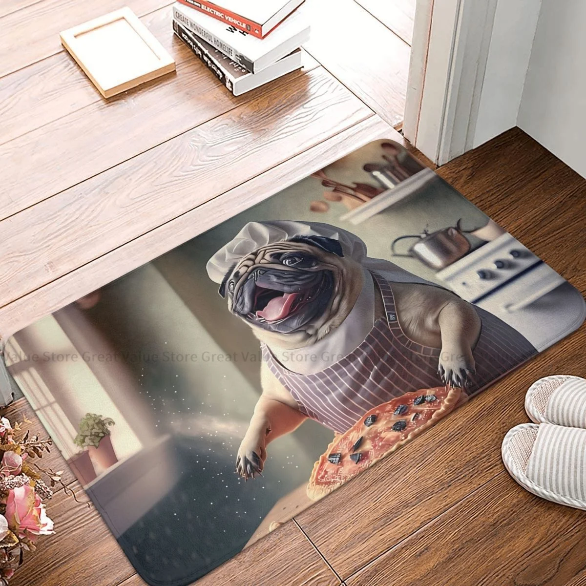 

Kitchen Food Bedroom Mat Pug Dog Pizza Chef Singing Doormat Living Room Carpet Balcony Rug Home Decoration
