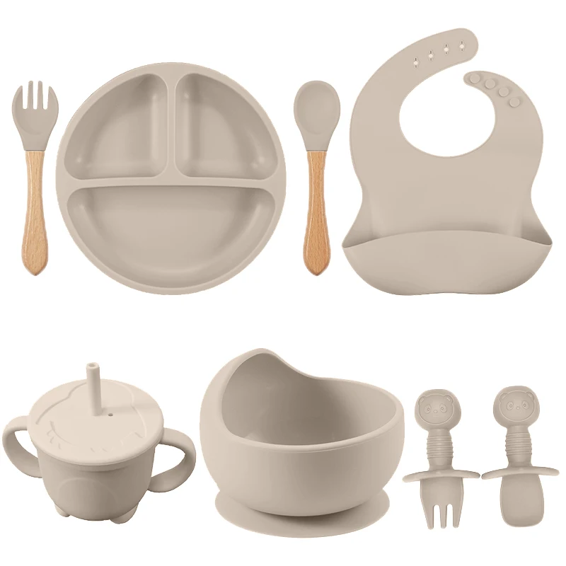 

Набор силиконовой посуды для младенцев, детская чашка с присоской, ложкой, вилкой, разделенная тарелка, Детские присоски